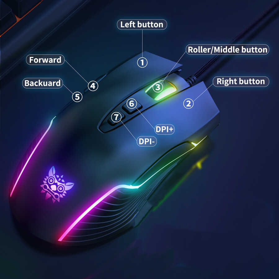 Onikuma CW905 RGB Oyuncu Mouse – 6400 DPI Ayarlanabilir, Full RGB Işıklandırma, Ergonomik Tasarımlı Kablolu Gaming Mouse